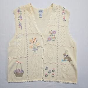 Vintage Easter Floral Embroidered Vest Bunny Rabbit Knit Cream Cottagecore 1X